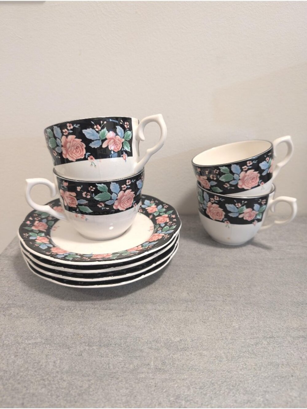 Flat Cup & Saucer Victoria's Garden by Sango Set of Four